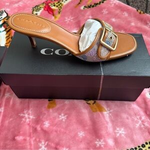 Authentic Coach Margot Rainbow Crystal Signature Logo Jacquard Buckle Sandals
